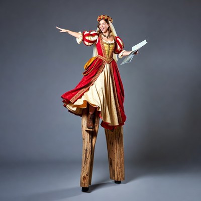 Woman in red Renaissance gown on stilts