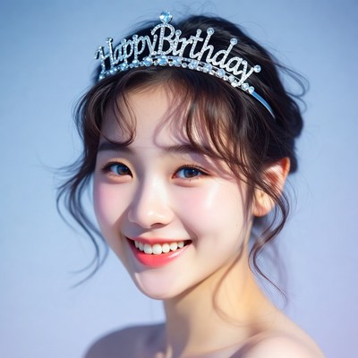 Asian woman wearing Happy Birthday tiara