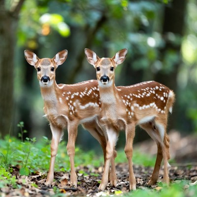Twin fawns standing in forest
