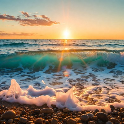 Sunset over ocean waves and pebbles