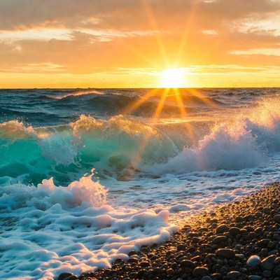 Sunset over ocean waves and pebbles