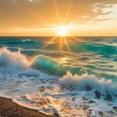 Sunset over crashing ocean waves