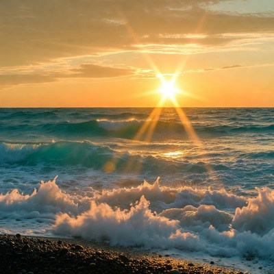 Sunset over ocean waves