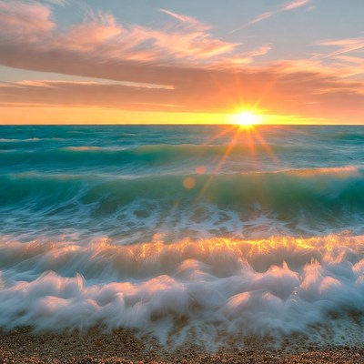 Sunset over turquoise ocean waves