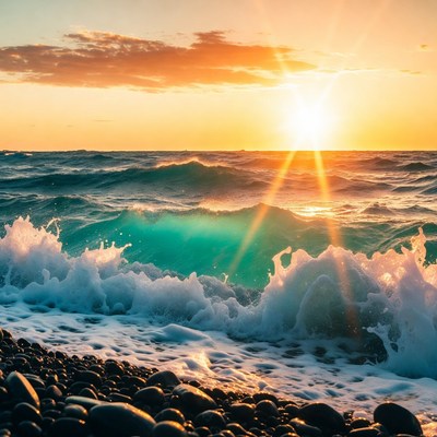 Sunset over ocean waves on pebbly beach