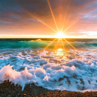 Sunrise over turquoise ocean waves