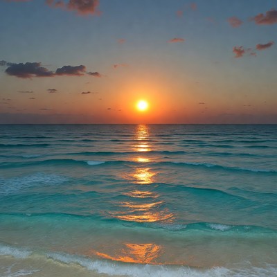Sunset over turquoise ocean waves