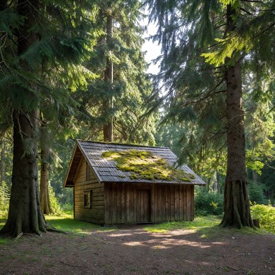 Wooden Cabin in Forest Clearing