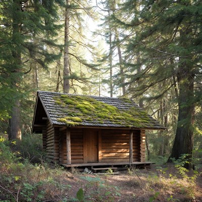 Mossy Log Cabin in Forest
