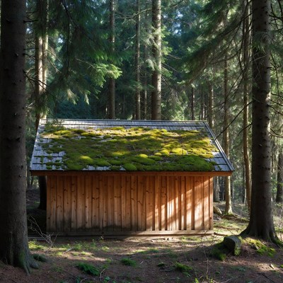 Mossy Wooden Cabin in Forest