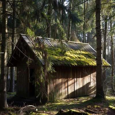 Mossy Wooden Cabin in Pine Forest