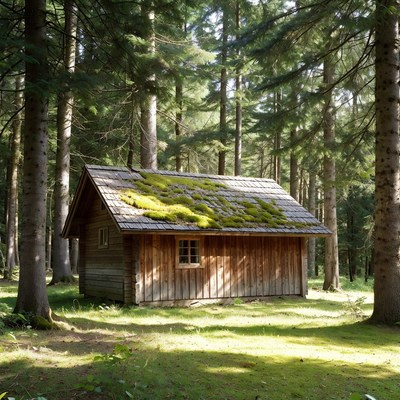 Mossy Wooden Cabin in Forest