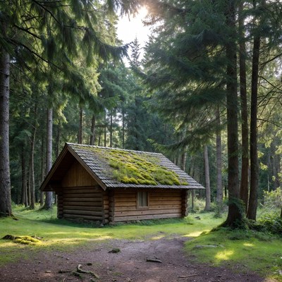 Mossy Log Cabin in Forest