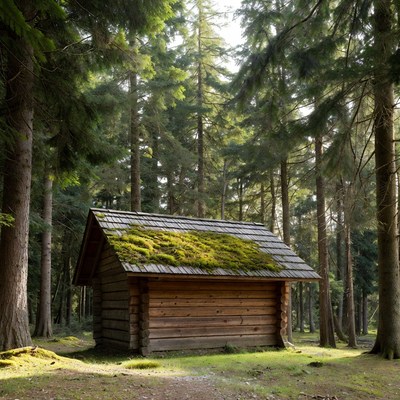 Mossy Roof Log Cabin in Forest