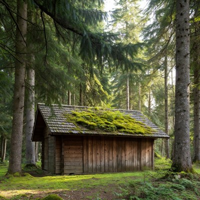 Mossy Wooden Cabin in Pine Forest
