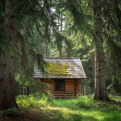 Log Cabin in Dense Forest