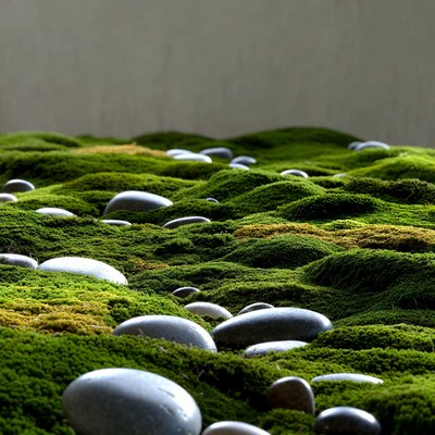 Green moss landscape with gray stones