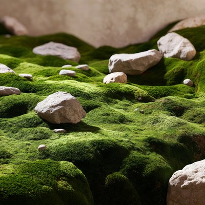 Mossy rocks on green landscape