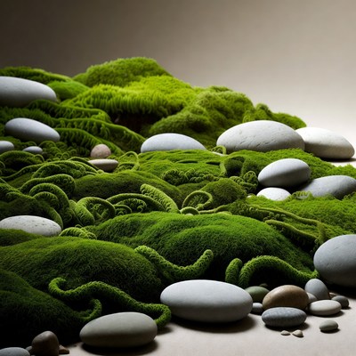 Lush Green Moss with White Stones