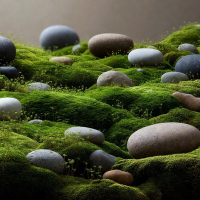 Moss Covered Stones on Green Moss