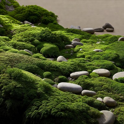 Lush green moss and white rocks