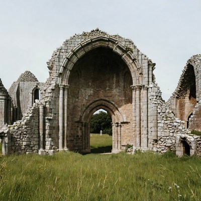 Ruined Gothic Archway in Grassy Field