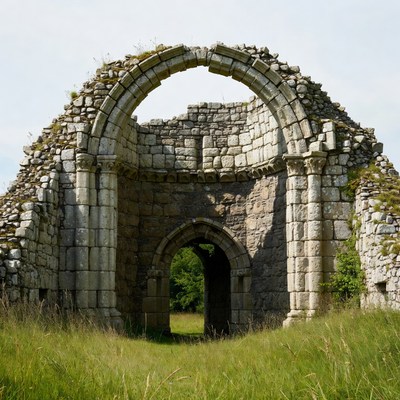 Ruined Stone Archway in Grass Field