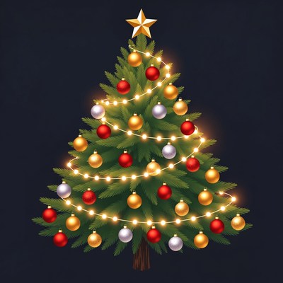 Illustrated Christmas Tree with Lights and Ornaments