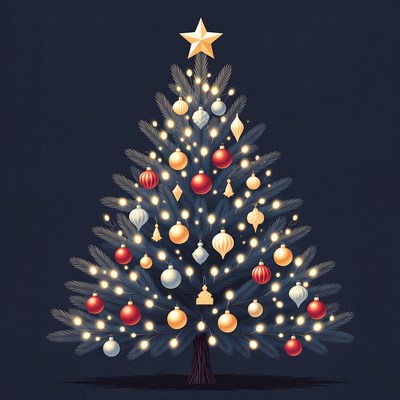 Illustrated Christmas Tree with Lights and Ornaments