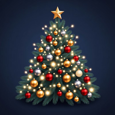 Illustrated Christmas Tree with Lights and Ornaments