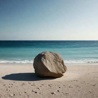 Large rock on beach by turquoise sea