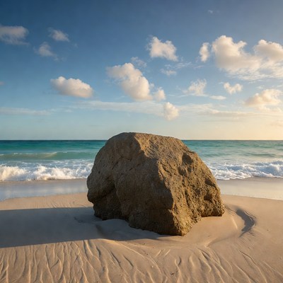 Large Rock on Beach by Ocean