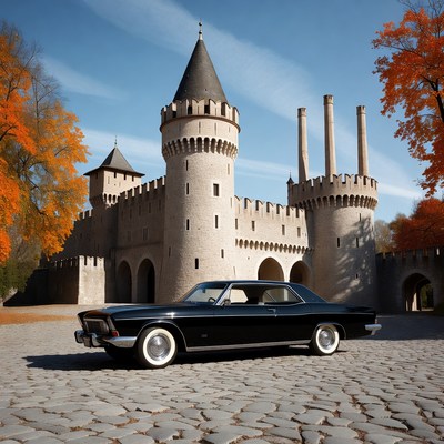 Black Classic Car Parked at Medieval Castle