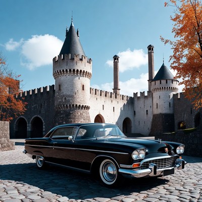 Black vintage car at medieval castle