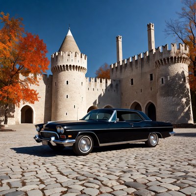 Black vintage car at medieval castle