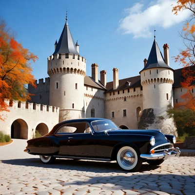 Vintage Black Car at Medieval Castle