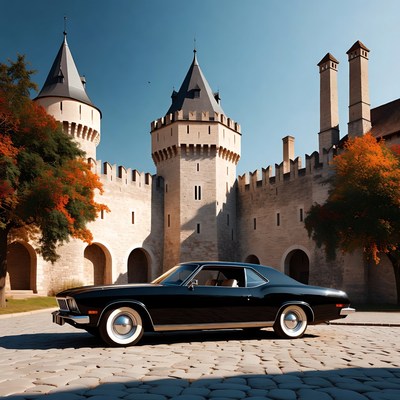 Black Classic Car Parked Before Medieval Castle