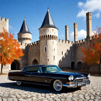 Classic Black Car Parked Before Medieval Castle