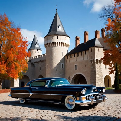 Classic Black Cadillac Parked Before Medieval Castle
