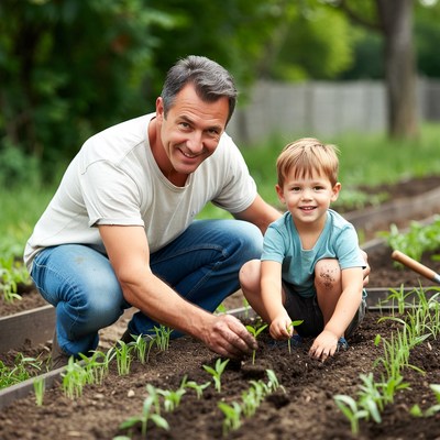Father and son planting seedlings in garden