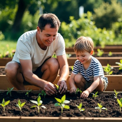 Father and son planting seedlings