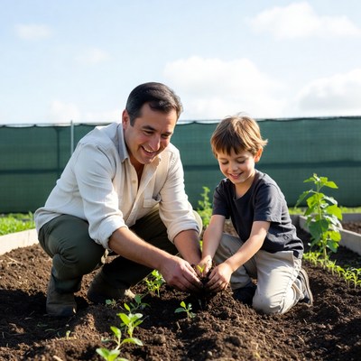 Father and son planting seedlings