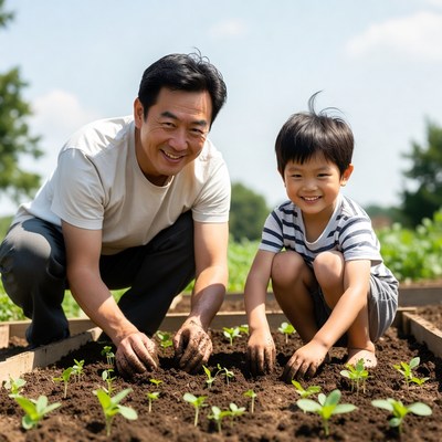 Asian father and son planting seedlings