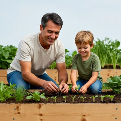 Father and son planting seeds
