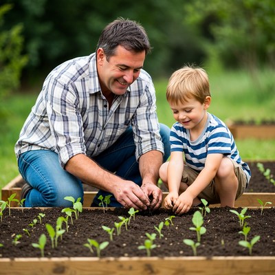 Father and son planting seedlings