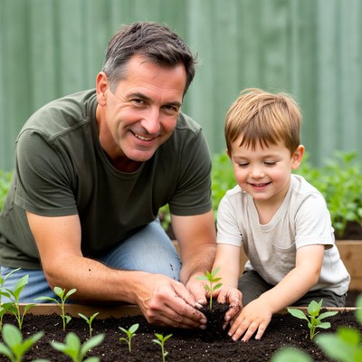 Father and son planting seedling