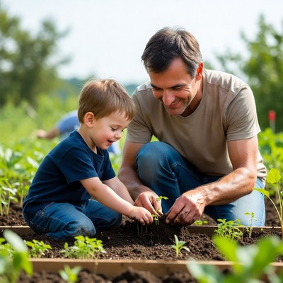 Father and son planting seedlings