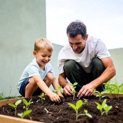 Father and son planting seedlings