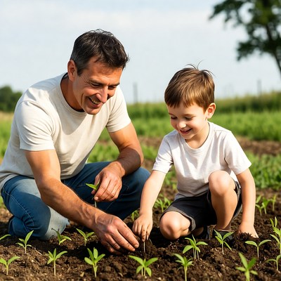 Father and son planting seedlings
