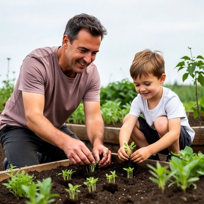 Father and son planting seedlings